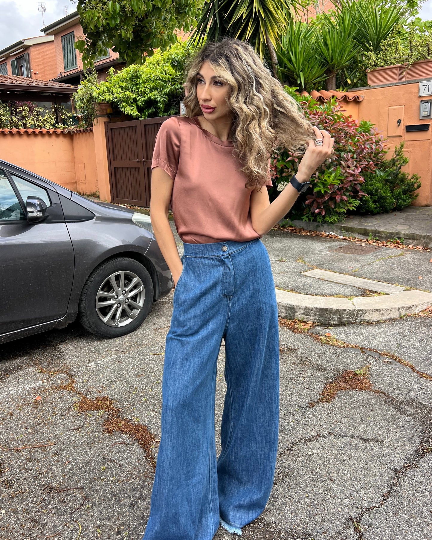 Pantalone tessuto jeans leggero palazzo