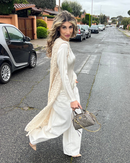 Gilet smanicato in pizzo macrame ecrù
