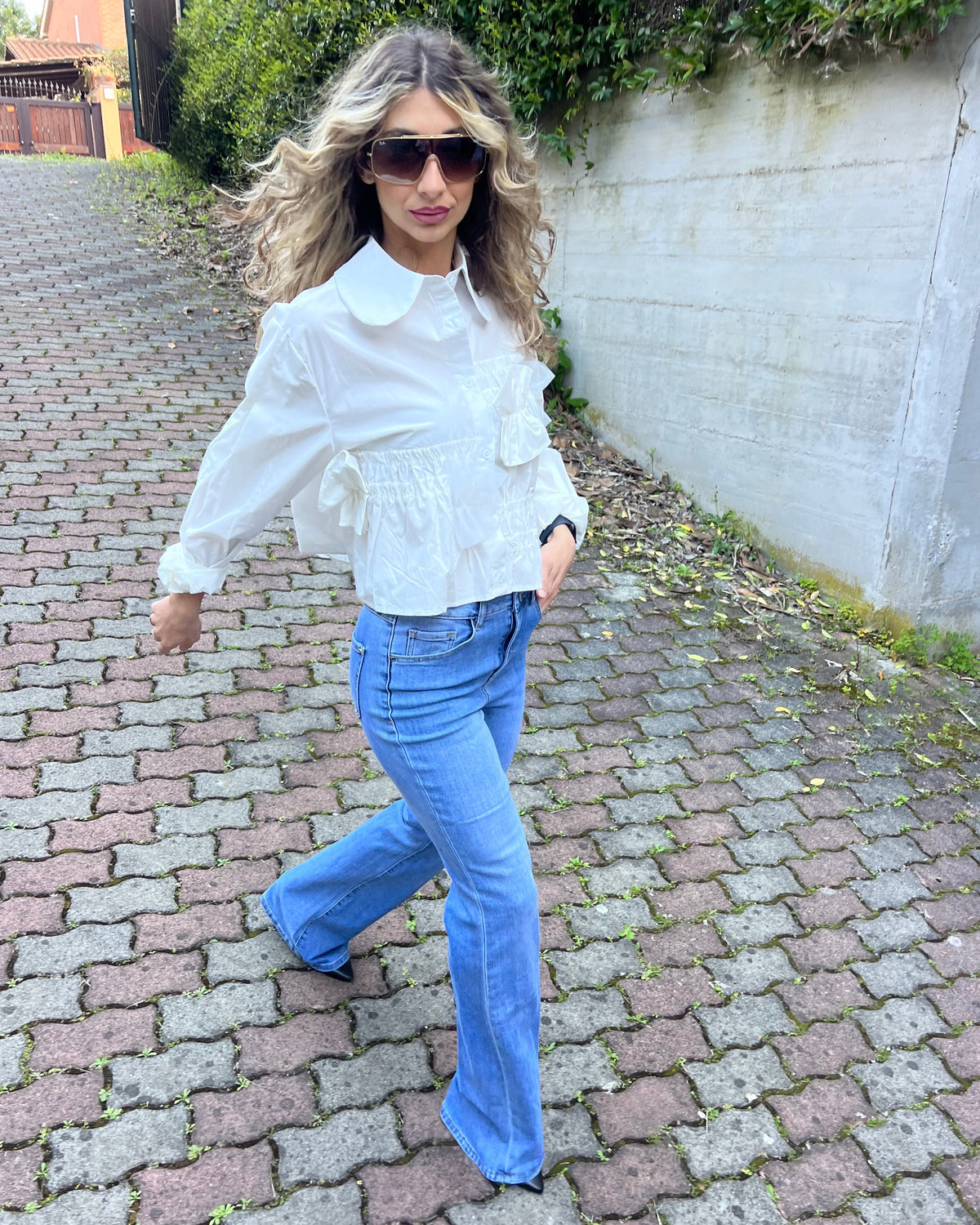 Camicia in cotone con dettagli rouches in tessuto e tulle